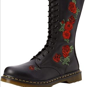 Rose embroidered knee length Combat boots